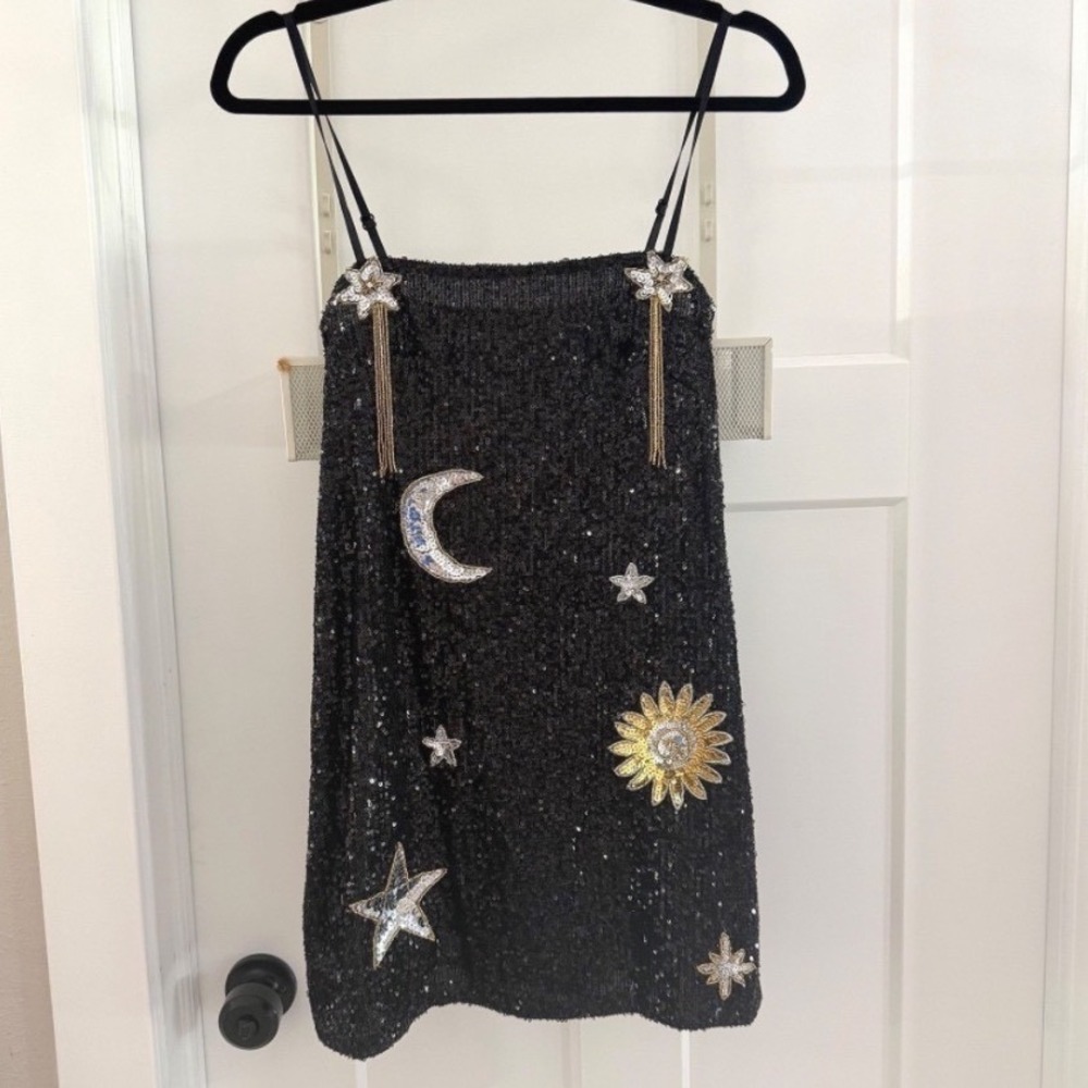 East N West Label Sequin Star Mini Dress Black Celestial Moon Sun Whimsy S Party